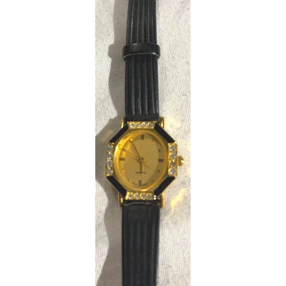 Gold Tone Black Accent Women's Quartz Fashion Watch‎ with Rhinestone Detail